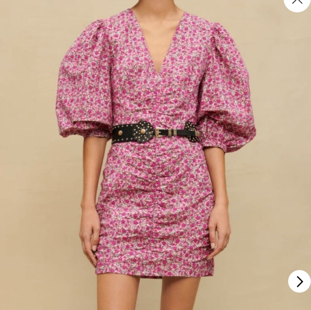Maje Pink Floral Puff-Sleeve Mini Dress
